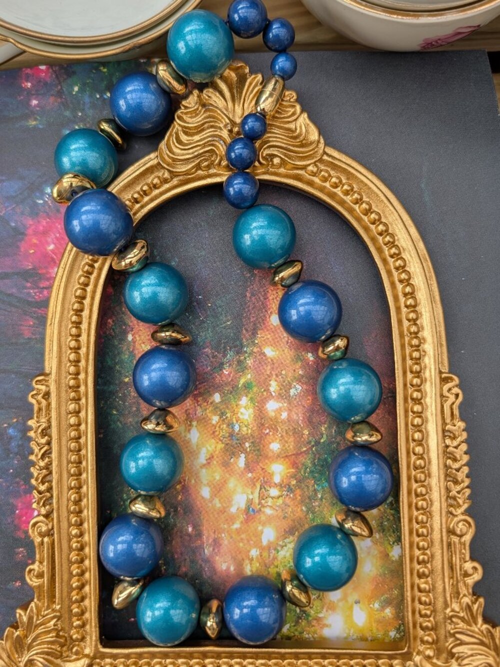 Vintage 1950's Mid-Century Mod Metallic Blue Chunky Beaded Necklace